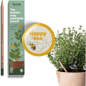 SproutWorld Wood-Cased Pencils | Happy Bee Edition | HB Pre-Sharpened Graphite Plantable Wooden Pencils with Bee-friendly Flower, Herb & Vegetable Seed, Ideal Gift for Drawing, Sketching | 5 pcs