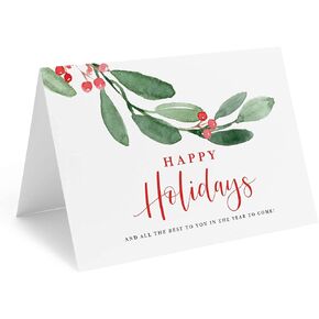 Bliss Collections Happy Holidays Folded Christmas Greeting Cards with Envelopes, 4x6 Greenery Foliage Winter Design (25 Pack)