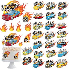55 Pcs Race Car Cupcake Toppers Hot Cars Cake Topper Happy Birthday Cupcake Toppers Birthday Cake Toppers Checkered Flag Fire Car Theme Cake Decoration for Boy Girl Birthday DIY Party Decorations