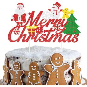 Merry Christmas Cake Topper Glitter Christmas Santa Cake Topper Decorations Xmas Holiday Cake Christmas Tree Deer Santa Claus Cake for Winter Christmas Day Santa Happy New Year Party Supply Decoration