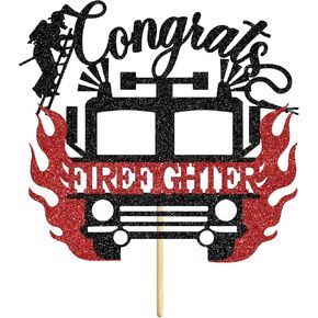 Congrats Firefighter Cake Topper, Congrats Grad/Future Fireman, Fire Academy Graduation Party Decoration Supplies, Black and Red Glitter