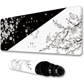 Black and White Cherry Blossom Mouse Pad,Yin and Yang Designed Mouse Mat,XL Large Desk Pad,Extended Japanese Sakura Mousepad,Waterproof Non Slip Rubber Base Keyboard Pads,31.5 X 11.8 Inch