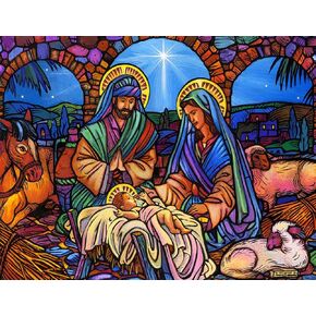 Springbok's Stained Glass Nativity 500 Piece Jigsaw Puzzle Features a Mosaic Interpretation of The Nativity by Artist Lew Johnson