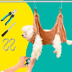 Dog Grooming Kit, Dog Grooming Supplies, Dog Grooming Hammock, Dog Grooming Harness, Dog Nail Clippers, Dog Nail Grinder, Hooks, Dog Hammock Kit for Nail Trimming/Hair Trimming(Coffee, XS)