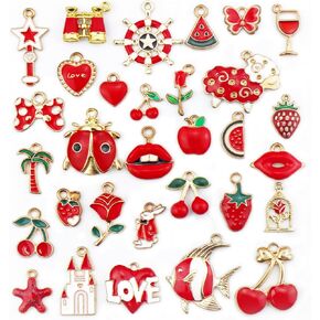 JIALEEY Assorted Red Enamel Charm, Enamel Pendants for Necklace Bracelet Jewelry Making and Crafting, Mixed Rose Fruits Animals Love Star Charms, 31PCS