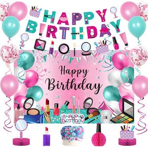 Roetyce Makeup Birthday Party Decorations, 46PCS Makeup Happy Birthday Banner Balloons Hanging Swirl Honeycomb Cake Topper Kit, Spa Themed Birthday Decorations for Girls, Pink Birthday Party Supplies
