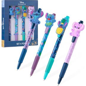 Disney Pens, 4 Cute Pens with Adorable Stitch Toppers, Pretty Pens for Journaling, Drawing, or School Work, Cute Pens for Women & Kids, Stitch School Supplies, Black Ink Ballpoint Pen Set