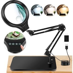 NZQXJXZ 10X 30X Large Magnifying Glass with Light and Stand, 5-inch LED Lighted Magnifier, 3 Color Modes Stepless Dimmable, Hands-Free Magnifying Glass Desk Lamp for Reading Craft Hobby Close Work