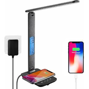Desk Lamp,LED Lamp with Wireless Charger,USB Charging Port,Touch Control,Table Lamp with Clock,Alarm, Date,Temperature,Desk Lamps for Home Office,3 Colors,5 Lighting Brightness (Black)