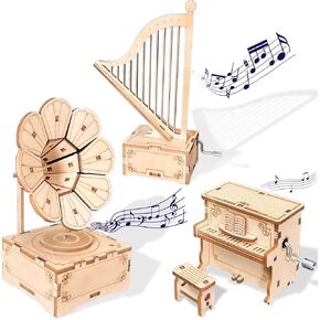 CYAZOO 3in1 3D Wooden Puzzle for Adults Music Box Set-Kids DIY Musical Instrument Model Assembly Puzzles Hands Craft Building Kits Home Decoration (3PCS: Gramophone+Piano+Harp)