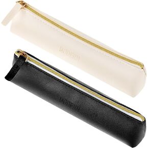 2PCS Pencil Pouch Cute Beige Black Leather Pencil Case Aesthetic Small Zipper Pencil Pouches, Soft Makeup Brush Travel Case Slim Pen Pencil Bags for Women, Makeup Pouch