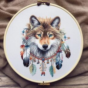 Round Indian Wolf 11ct Counted Cross Stitch Kits for Beginners Color Printed Stamped Cross-Stitch Supplies Needlework Printed Embroidery Kits DIY Kits Needlepoint Starter Kits 30x30cm (h142)