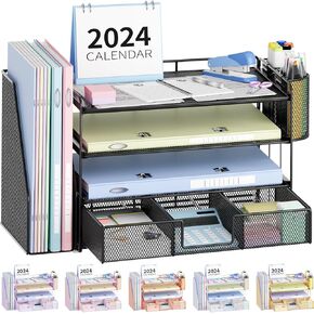Desk Organizers and Accessories, Desk Accessories & Workspace Organizers for Office Supplies, File Organizer Desk Drawer Organizer with 2 Pen Holders, 4 Tier Paper Organizer for Desk(Black)