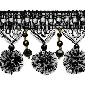 Trims by the Yard 5 Yards of Zoe Ball & Bead Tassel Fringe Trim, Black/White