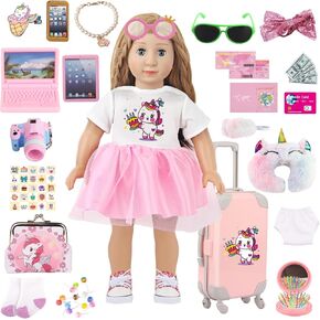 48 Pcs 18 inch Doll Travel Suitcase Play Set for Girls, Doll Accessories with Suitcase and Travel Items Including Dress Shoes Sunglass Mirror Coin Purse Digtal Kit, for Kids