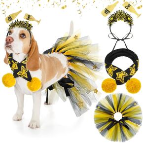 3 Pcs New Year Dog Costume Set Including Happy New Year Wine Glass Headband New Year Dog Tutu Dress Cute PET Tutu Gold and Black Star Pet Scarf for Medium Dogs Holiday Outfit Accessory