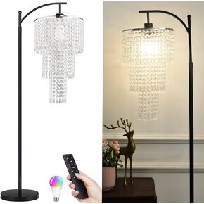 Arc Floor Lamp for Living Room Modern Floor Lamp with Remote Control,Dimmable Crystal Floor Lamp Black Standing Lamp with 10 Color Temperature Tall Chandelier Floor Lamp for Bedroom Corner
