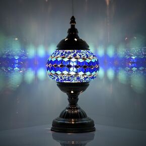 Turkish Moroccan Table Lamp Lantern with Handmade Mosaic Glass Lampshade Tiffany Style Bohemian Stained Glass Decorative Desk Lamps Bedside Night Lights for Bedroom (Blue Colorful)