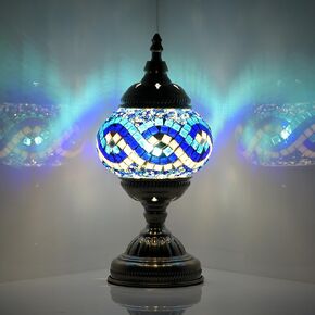 Turkish Moroccan Table Lamp Lantern with Handmade Mosaic Glass Lampshade Tiffany Style Bohemian Stained Glass Decorative Desk Lamps Bedside Night Lights for Bedroom (Blue Colorful)