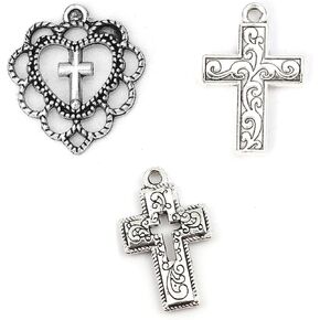 JGFinds Cross Charm Pendants - 130 Pack (30 of Heart, 50 each of Crosses) Old Style Filigree Look, Silver Tone, ⅞ Inch, DIY Jewelry Making Supplies