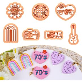 Puocaon 70s Heart Clay Cutters - 7 Pcs 3D Print Clay Cutters for Earrings, Arch Frame Sunflower Polymer Clay Cutters for Jewelry Making, Guitar Disco Ball Camera Clay Earring Cutters Jewelry