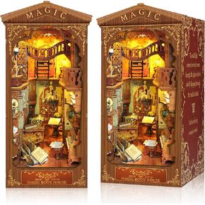 MOJINO Book Nook Kit-DIY Doll House 3D Wooden Puzzle Book Nook with Sensor LED Light, Ideal for Bookshelf Insert Decor and Halloween Crafts(Magic Book)
