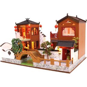 Cool Beans Boutique Miniature DIY Dollhouse Kit Wooden Chinese Villa River Walk with Dust Cover - Architecture Model kit (English Manual) (Chinese Villa by Creek)