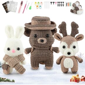 DoodleTwyst Beginner Crochet Kit, Crochet Kit with Crochet Hook, Starter Crochet Kit with Step-by-Step Instructions, DIY Amigurumi Crochet Kit for Kids and Adults (Cute Bear + Moose + Rabbit)