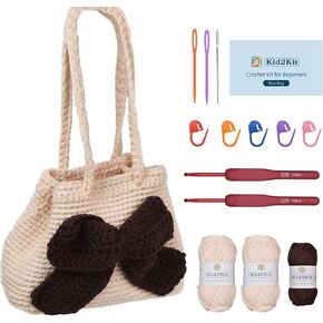 Kid2Kit Crochet Kit for Beginners, Crochet Bag Kit Beginner Crochet Kit for Adults Kids, Crochet Starter Kit with Step-by-Step Video Tutorials, Easy Yarn for Crocheting, Bow Bag