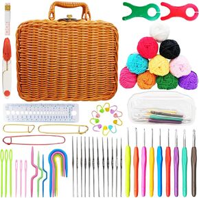 SNAIL GARDEN Rattan Retro Case Crochet Kits Set of 64pcs,10 Colors Cotton Yarn Crochet Kit for Beginners,0.6mm to 6mm Metal Needles Crochet Kits for Adults Experienced Lovers