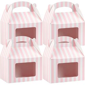 Bio Tek 6 x 3.5 x 3.5 Inch Gable Boxes For Party Favors, 25 Attractive Gift Boxes - Striped Pattern, Pink And White Paper Barn Boxes, Clear PET Window, With Built-In Handle
