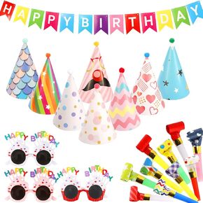 22Pcs Birthday Hat Set Includes 8Pcs Birthday Paper Cone Hats,3Pcs Adorable Birthday Glasses,10Pcs Party Noisemakers Whistles,1 Piece Multicolor Banner Party Favors Decorations Supplies