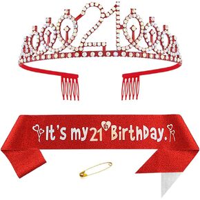 Red 21st Birthday Sash for Girls Birthday Princess Crown Queen Tiara Rhinestone Birthday Headbands Birthday Girl Sash Happy Birthday Decorations for Girls 21 Year Old Birthday Party Supplies