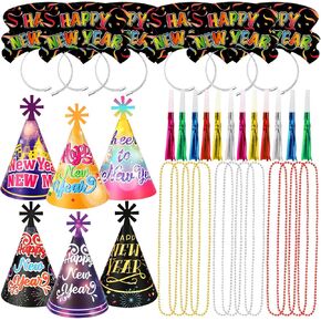 HOWAF New Years Eve Party Supplies 2025, Pack of 36 Happy New Year 2025 Party Kit, Happy New Year Headband New Years Eve Party Hats Cone Hats New Years Noisemaker Bead Necklaces for NYE Party Favors