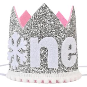 HGFC Snowflake Crown 1st Birthday Hat - Snow White First Birthday Party Headband， Trim Pink And Silver - Winter Wonderland Party Hat For Girl - Best Photo Booth Props And Backdrop Cake Smash