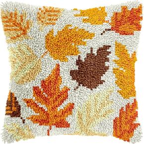 Autumn Leaf Latch Hook Pillow Kit Set Cushion Cover Latch Hook Kits Throw Pillowcase Craft Needlework Printed Pattern Canvas Cushion Carpet Hand Craft 17 x 17 Inch