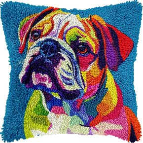 English Bulldog Latch Hook Kits Pillow Colorful Printed Cushion Crochet Yarn Needlework DIY Hook Latch Kit Pillowcase Rug Cover Home Sofa Christmas Decoration 43x43cm(2)