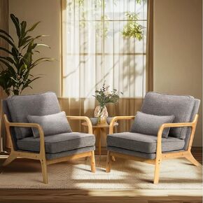 COLAMY Mid Century Modern Accent Chair with Lumbar Pillow, Relaxing Armchair with Solid Wood Frame & Soft Cushion, Reading Leisure Chair for Living Room,Bedroom,Waiting Room（Beige）