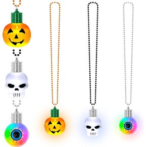 3PCS Halloween Necklace Party Favors, Halloween Light up Skulls Pumpkins Necklace, Glow in Dark Necklace with 3D Blub Pendant, Halloween Festival Accessories for Trick or Treat Party Supplies Decor