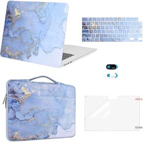 MOSISO Compatible with MacBook Air 15 inch Case 2024 2023 Release M3 A3114 M2 A2941 Touch ID, Plastic Watercolor Marble Hard Case&Carrying Sleeve Bag&Keyboard Cover&Webcam Cover&Screen Protector, Blue