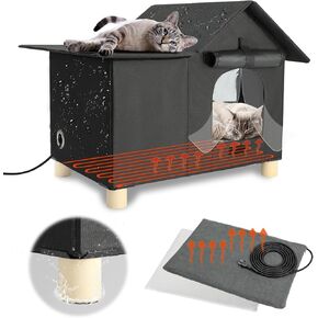 Elevated Large Heated Cat House for Outdoor Cats in Winter, Weatherproof Feral Cat Shelter with 2 Pads, Collaspable Insulated Cat Kennel Outside Stray Cat Hut for Wild Small Animal Rabbit