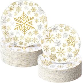 Yungyan 120Pcs Snowflake Paper Plates Christmas Party Plates Include 9 Inch Dinner Plates 7 Inch Dessert Plates Disposable for Wonderland Theme Xmas Winter Holiday Birthday Party(Gold Silver,Style A)
