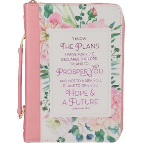 Christian Art Gifts Fashion Vegan Leather Bible Cover for Women: I Know The Plans Inspirational Bible Verse, Pink Floral, Medium