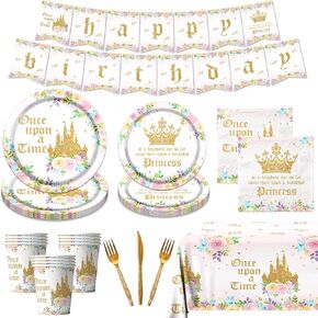 Princess Castle Birthday Party Decoration, Once Upon a Time Pink Floral Tableware Include Princess Party Plates and Napkin Sets for Girls Birthday Party, Baby Shower