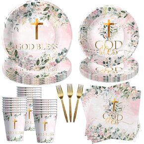 God Bless Baptism Decorations Tableware Girl - First Communion Decorations Supplies, Plate, Cup, Napkin, Fork, Baptism Plates And Napkins Set For Christening Baby Shower Religious | Serve 24