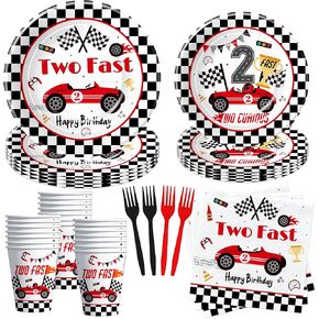 Race Car 2nd Birthday Party Decorations Tableware - Red Two Fast Birthday Decorations Party Supplies, Paper Plate, Cup, Napkin, Fork, Two Fast Two Curious Birthday Decorations Kids | Serve 24