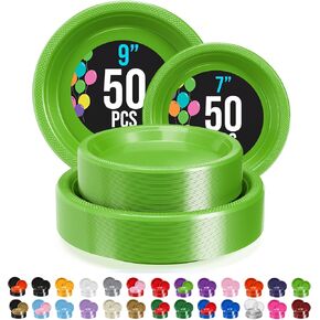 Exquisite Green Plastic Plates Disposable 100 Pcs Plastic Plates Set 50-7" & 50-9" Green Disposable Plates Plastic Plates For Party Plates Disposable Heavy Duty Green Plates Disposable For Party.