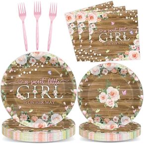 96Pcs Floral Baby Shower Party Decoration Rustic Girl Baby Shower Paper Plates Napkins Pink Flower Birthday Cake Tableware Set for A Sweet Little Girl Is on Her Way Party Supplies Serve 24