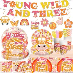 138pcs Young Wild and Three Party Decorations Tableware Set, Wild and Three Party Decorations Young Wild and Three Plate Napkins Tablecloth Banner for Young Wild and Three Party Decorations Girl