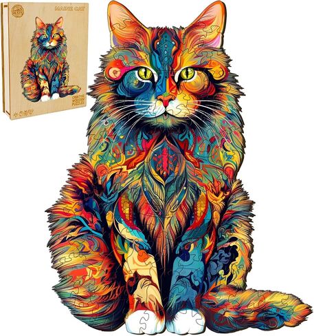 WOODBESTS Wooden Puzzle for Adults, Maine Cat Puzzle (M, 190pcs, 11.7"x9.4") Beautiful Wooden Box, Wooden Jigsaw Puzzles Unique Shape, Birthday Gifts for Adults and Kids Family Game in Kuwait